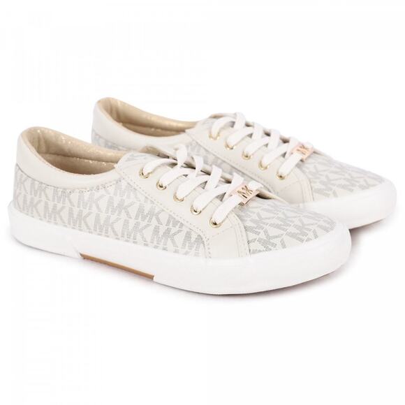 MICHAEL KORS Girls Monogrammed Platform Sneakers in Beige & Gold Sz 2 - Picture 1 of 8